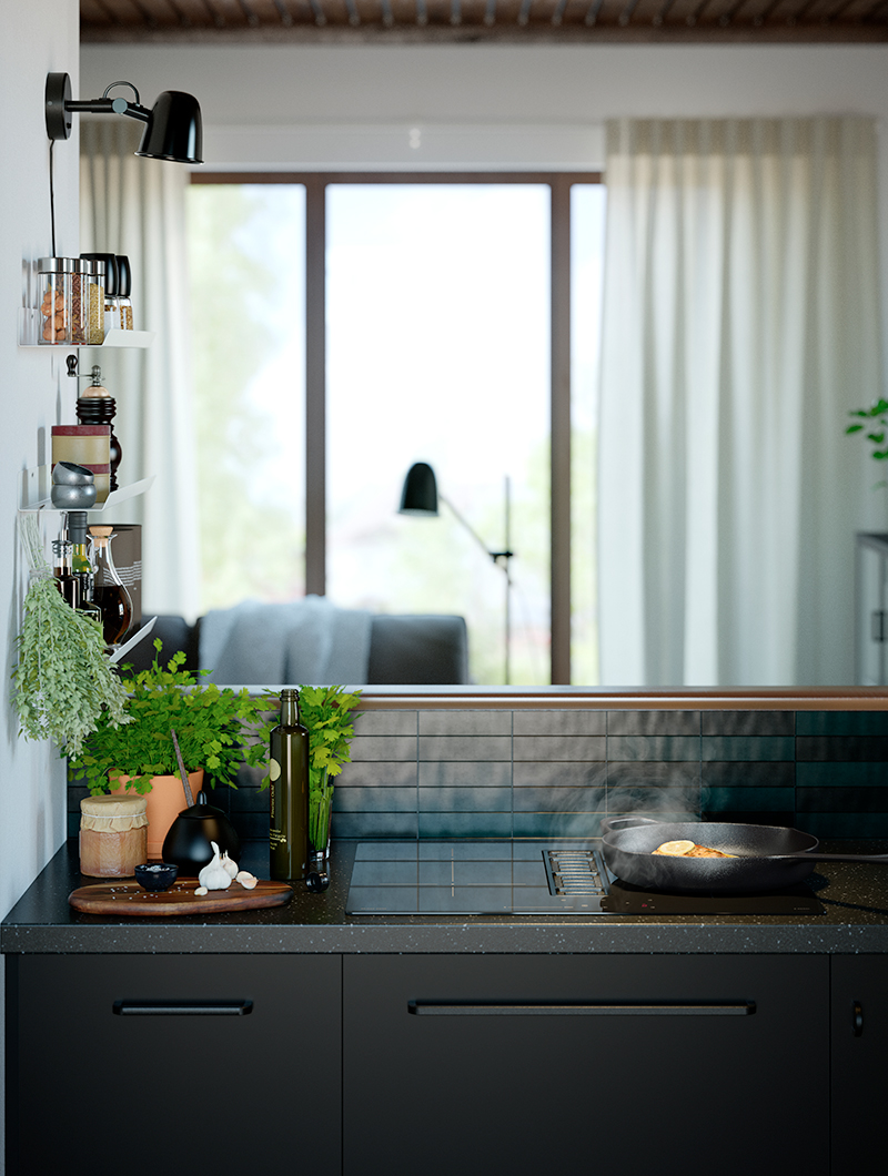 Cocina oscura con estufa, plantas y estantes blancos, creando un ambiente acogedor. Al fondo, se ve un salón iluminado por grandes ventanas.