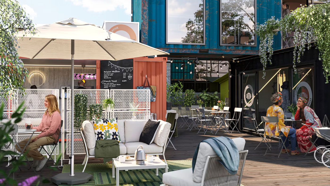 Container villa with café, restaurant and flower shop in a cozy, industrial style.