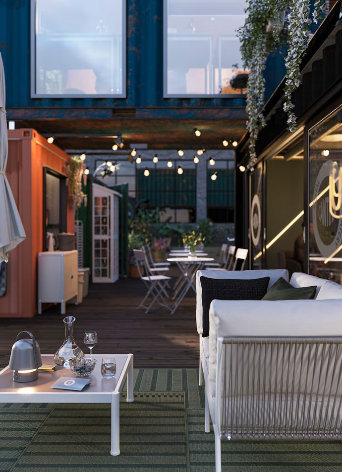Warm urban oasis with natural elements, vibrant color combinations and captivating illumination