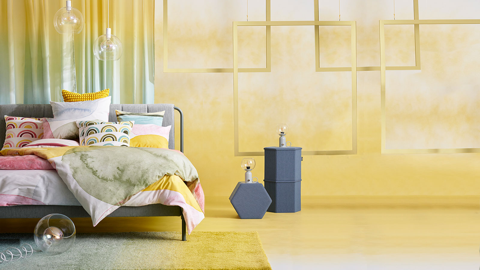 Colorful and artistic modern bedroom, a bed full of cushions and quilts in different colors