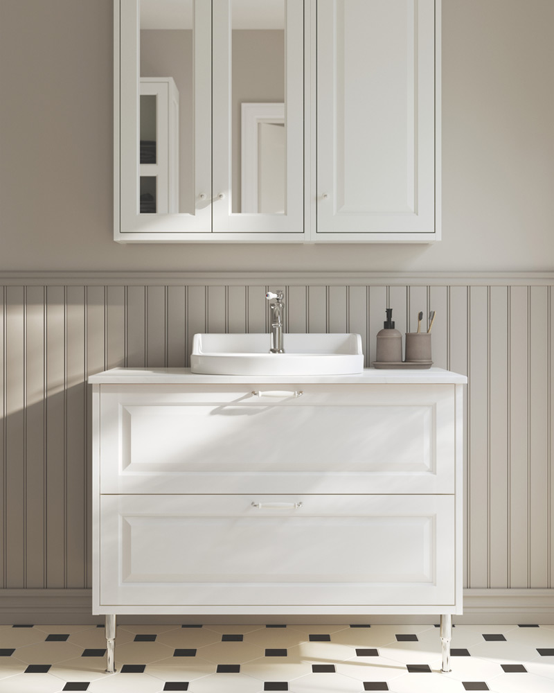 TÄNNFORSEN/RUTSJÖN bathroom cabinet with VOXNAN washbasin, and TÄNNFORSEN wall cabinet, TVÅLSJÖN bathroom set.