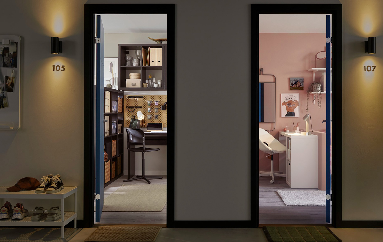  Dark hallway with two open doors. One to brown office, other to pink room. Contrasts.