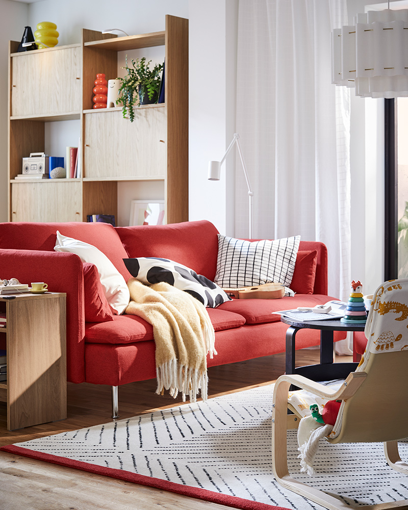 SÖDERHAMN 3-seat sofa, POÄNG Low-back armchair and STOCKHOLM pendant lamp