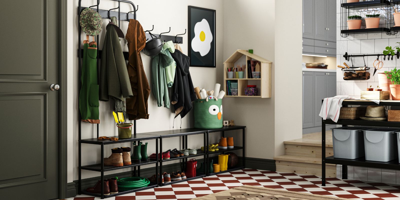 Functional entryway with coat racks, shoe bench, and baskets—perfect for staying organized when coming home.