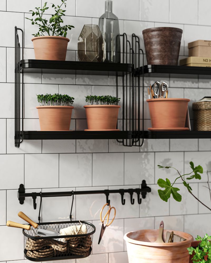 Gardening area with tools, pots, and plants on black shelves against a clean white tiled wall.
