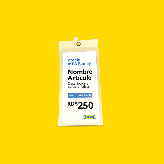 Etiqueta de precio IKEA Family de RD$250 sobre un fondo amarillo.