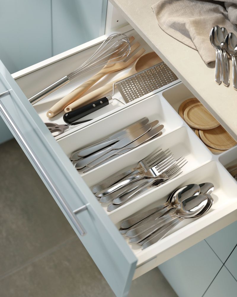 Modern kitchen drawer with UPPDATERA cutlery trays, DRAGON cutlery sets, RÖRT utensils and JÄRSTORP countertop detail.