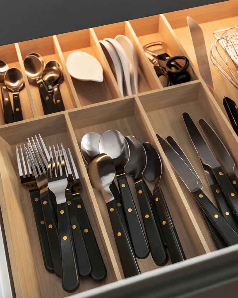 Organized kitchen drawer with DOFTSKÖLD cutlery and UPPDATERA cutlery trays creating a refined and orderly setup.