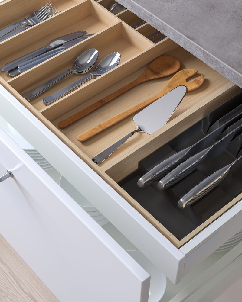 Modern kitchen drawer with UPPDATERA cutlery tray and knife holder, DRAGON cutlery, GRÖNSAKER salad servers and IKEA 365+ knives.