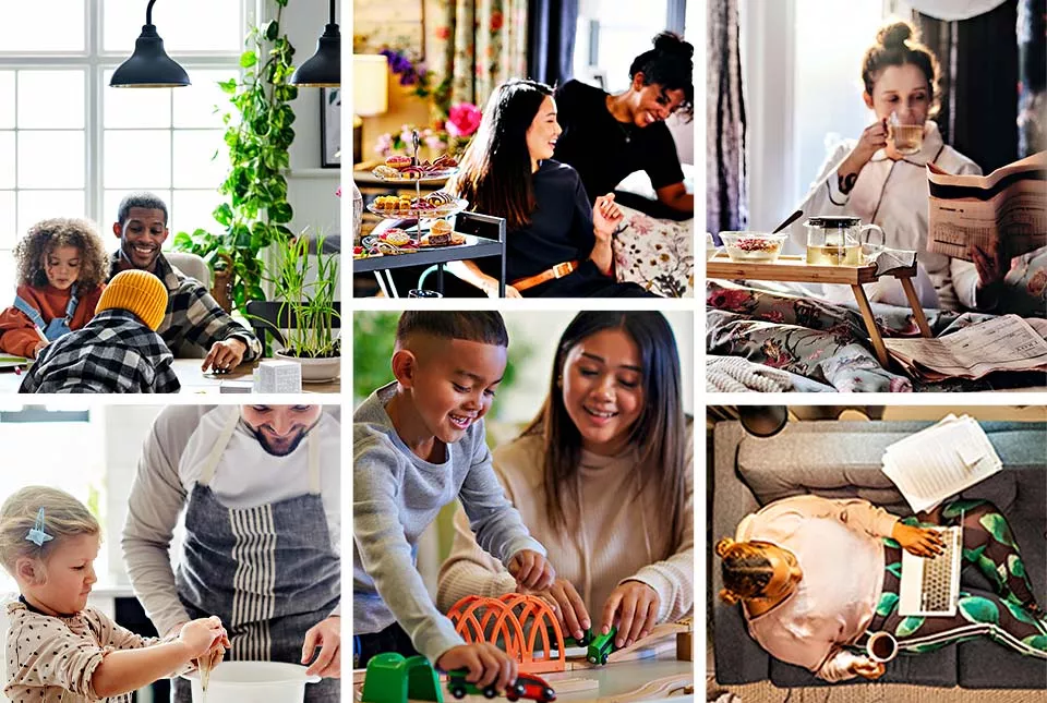 A collage of six images showing diverse people enjoying daily life at home, including cooking, playing with toys, working on a laptop, and sharing family meals.
