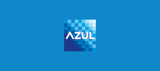 Logo with the word "AZUL" in white, integrated into a square with a pixel pattern in gradient shades of blue, centered on a solid blue background.