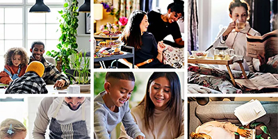 Image collage showing various families and individuals sharing everyday moments at home.