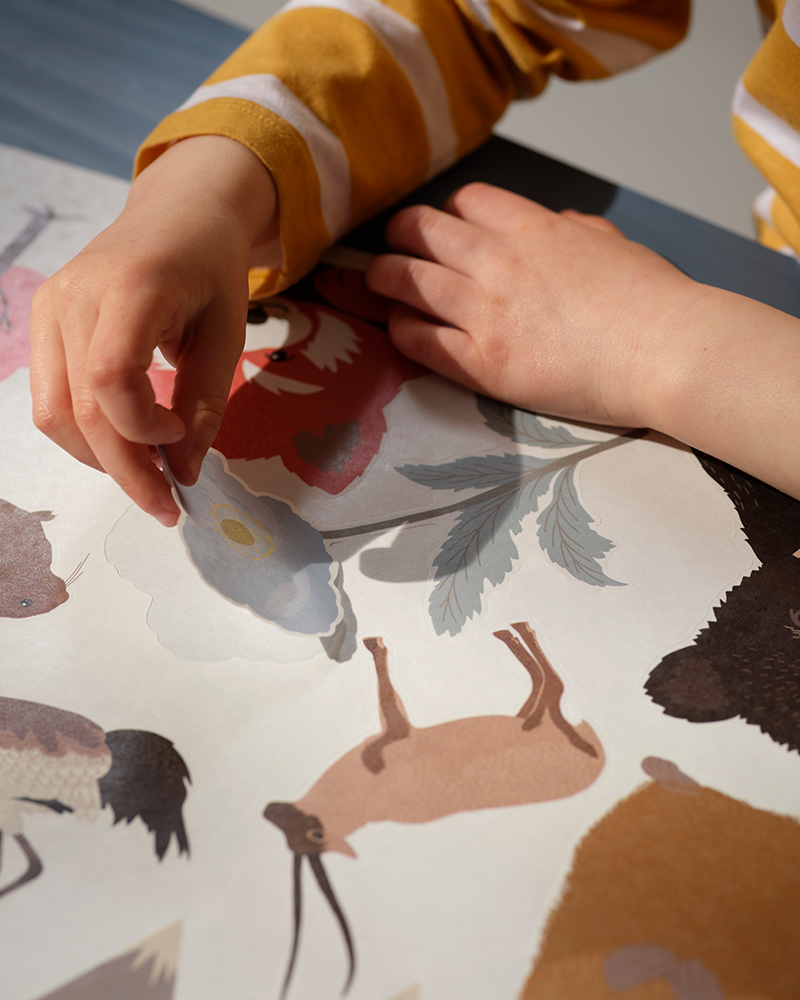 A child pulls a blue flower ALPTALL decoration sticker off the sticker sheet.