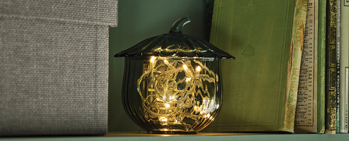 Glass pumpkin lamp with warm fairy lights on a shelf next to books.