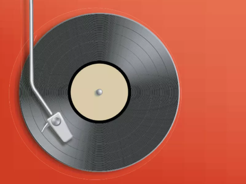 Illustration of a vinyl record playing on a turntable against an orange background.