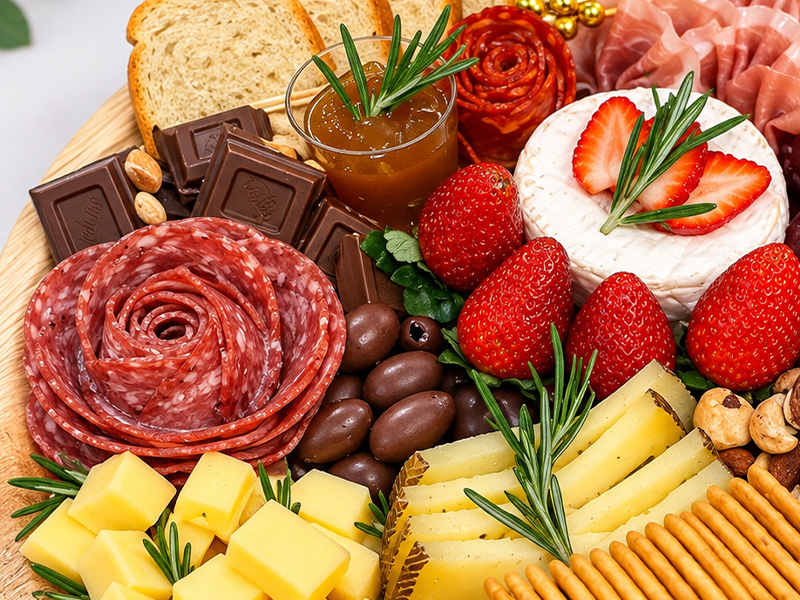Cheese board with meats, strawberries, and chocolate.