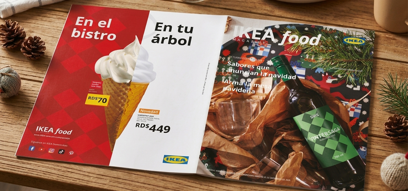 Top-down view of a table featuring the "IKEA food magazine", cutlery, a plate of salmon with green beans, a fresh salad, garlic bread, and a drink.