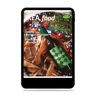 A digital tablet in portrait orientation displaying the cover of "IKEA food magazine" on its screen, against a white background.