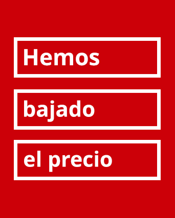 Cartel rojo promocional con el texto "Hemos bajado el precio" dentro de recuadros blancos.