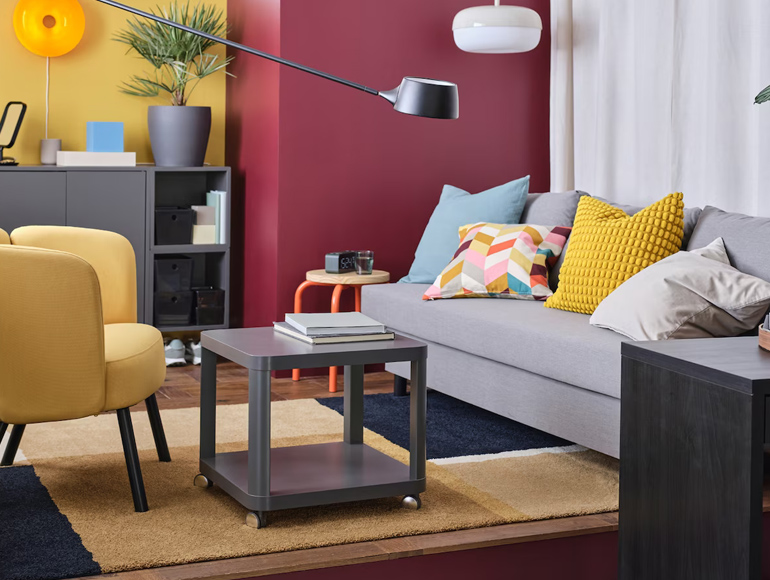 A retro living room with lots of storage
